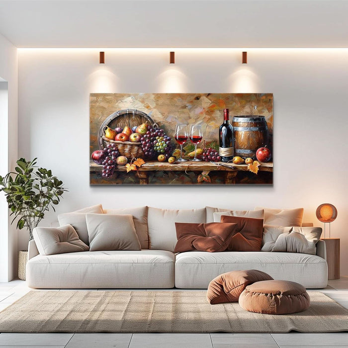Kitchen Wall Art Grape Barrel Painting Red Wine Glass Fruit Artwork Prints for Dinning Room Bar Canvas Wall Decor for Living Room Food Still Life Abstract Picture Home Decoration 20X40In