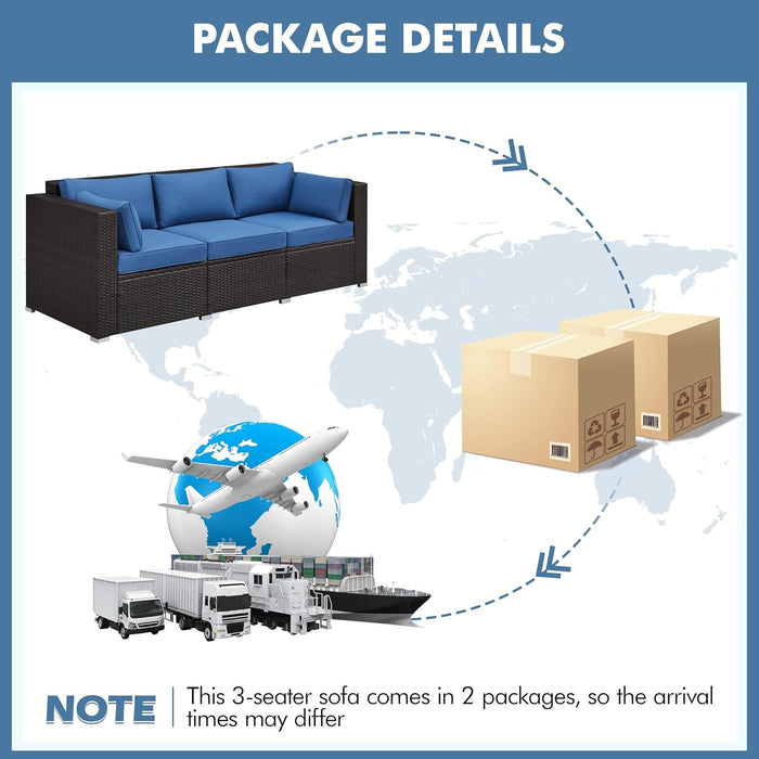 3-Seat Patio Wicker Sofa, Outdoor Rattan Couch with Furniture Cover, Deep Seat High Back with Cushions & Throw Pillows for Deck/Porch/Balcony/Yard, Brown/Dark Blue