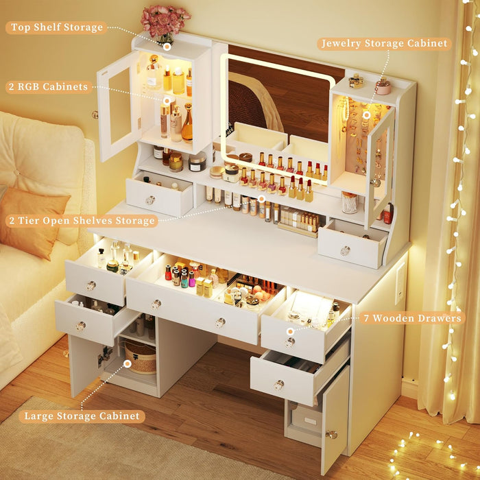 Vanity Desk with Mirror & Lights, 42‘’ Large Makeup Vanity with 2 RGB Jewelry Cabinets & 7 Drawers, White Vanity Table Set with Charging Station, Dressing Table with Lights Desk, 3 Light Modes