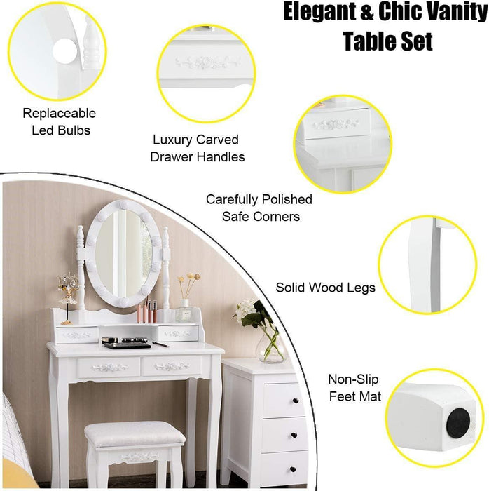 Makeup Vanity Table with 10 LED Lights, Adjustable Brightness, 3 Color Light Modes, 4 Drawers, Rotatable Mirror, Cushioned Stool, Vanity Desk Dressing Table Bedroom Furniture (White)