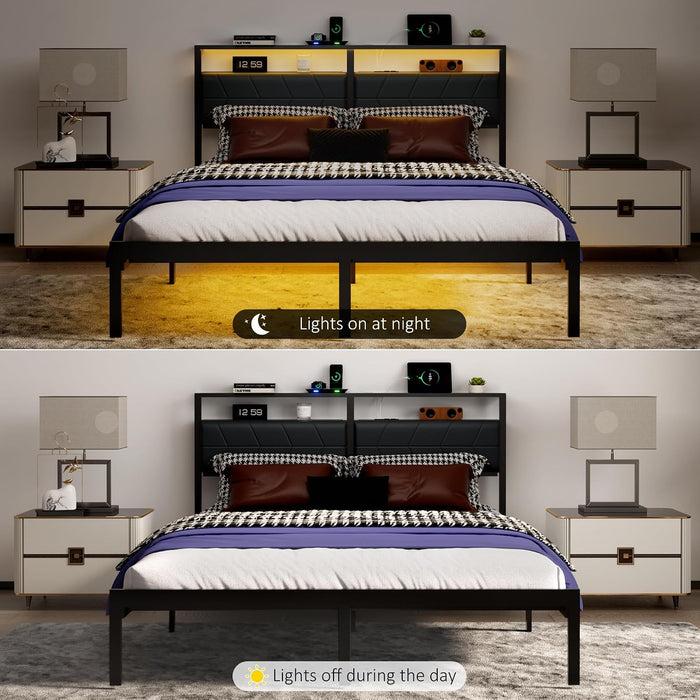 Queen Bed Frame with LED Lights & Charging Station, Metal Platform Bed Frame with 2 Tier Storage Headboard, under Bed Storage, No Box Spring Needed, Noise Free, Easy Assembly
