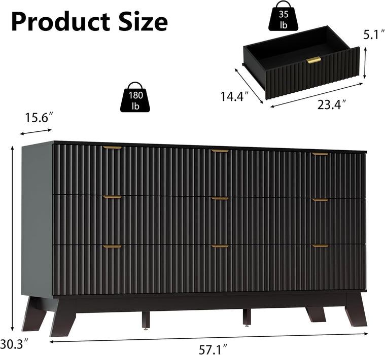 Black Dresser 9 Drawer Dresser for Bedroom, 57''Wide Fluted Wooden Dresser Storage Cabinet and Chest of Drawers with Metal Handle, Storage Organizer for Living Room, Hallway, Entryway