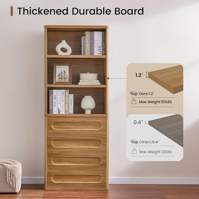 Bookcase with 4 Drawers, 72.1" Tall Bookshelf with 3 Storage Shelves, Large Bookshelves Cabinet for Living Room, Bedroom, Home Office (Oak Brown)