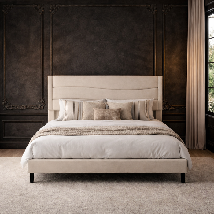 Queen Upholstered Bed Frame with Charging Station and 2 Drawer Nightstands Set Beige