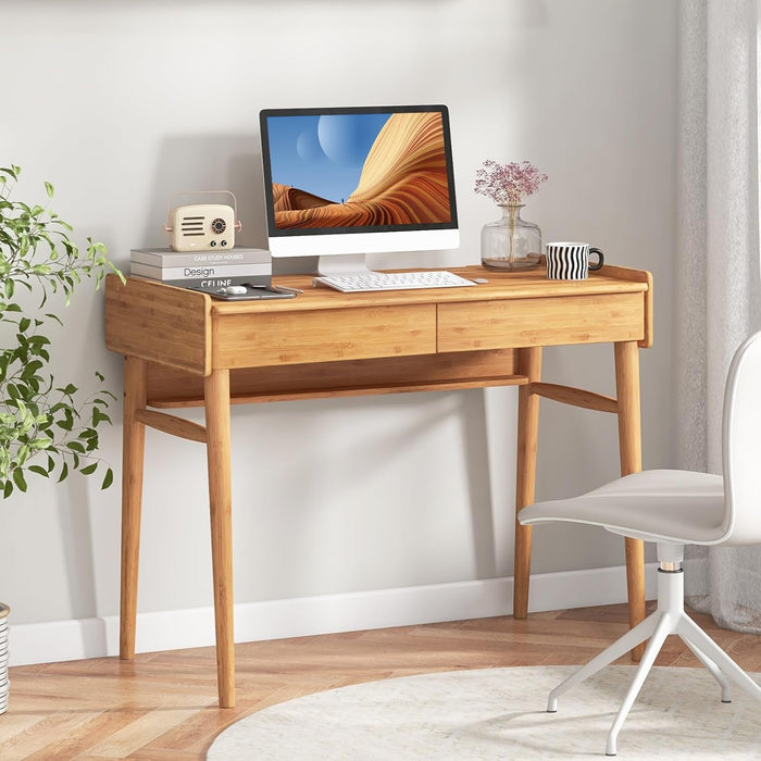 Bamboo Computer Desk with Drawers and Open Shelf - ShipItFurniture