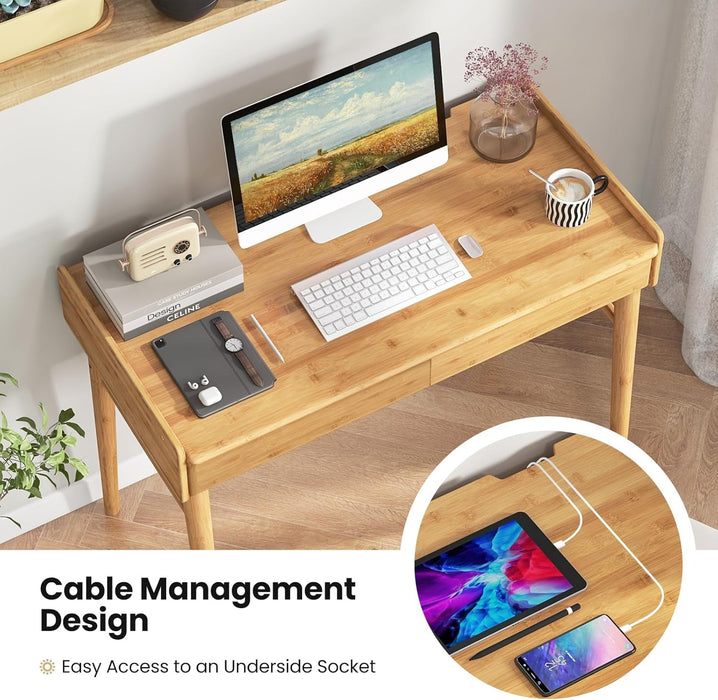 Bamboo Computer Desk with Drawers and Open Shelf - ShipItFurniture