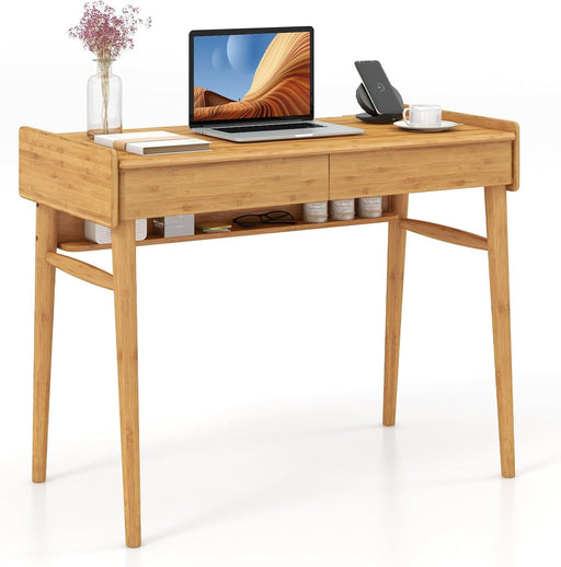 Bamboo Computer Desk with Drawers and Open Shelf - ShipItFurniture