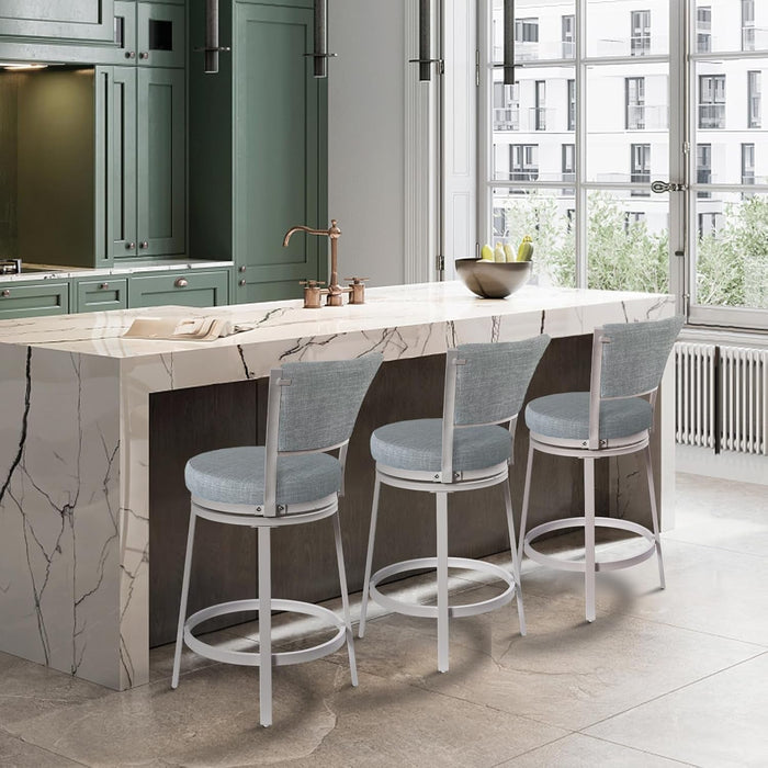 Bar Stools Set of 2, 25 Inch Metal Counter Height Bar Chairs, Modern Linen Fabric 360° round Swivel Barstools with Back, Counter Stools for Kitchen Island, Pub, Grey & White - ShipItFurniture