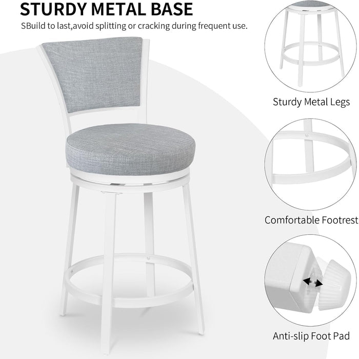Bar Stools Set of 2, 25 Inch Metal Counter Height Bar Chairs, Modern Linen Fabric 360° round Swivel Barstools with Back, Counter Stools for Kitchen Island, Pub, Grey & White - ShipItFurniture