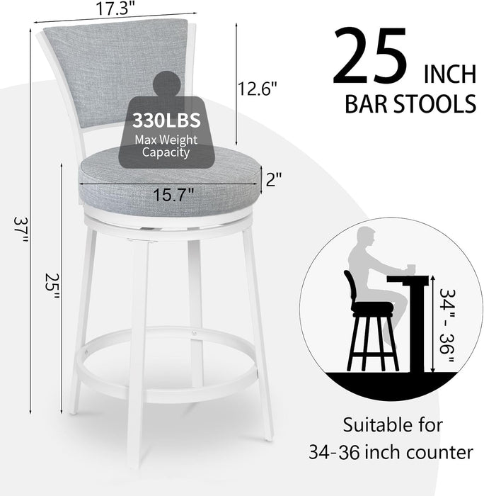 Bar Stools Set of 2, 25 Inch Metal Counter Height Bar Chairs, Modern Linen Fabric 360° round Swivel Barstools with Back, Counter Stools for Kitchen Island, Pub, Grey & White - ShipItFurniture