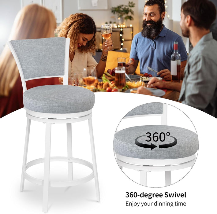 Bar Stools Set of 2, 25 Inch Metal Counter Height Bar Chairs, Modern Linen Fabric 360° round Swivel Barstools with Back, Counter Stools for Kitchen Island, Pub, Grey & White - ShipItFurniture