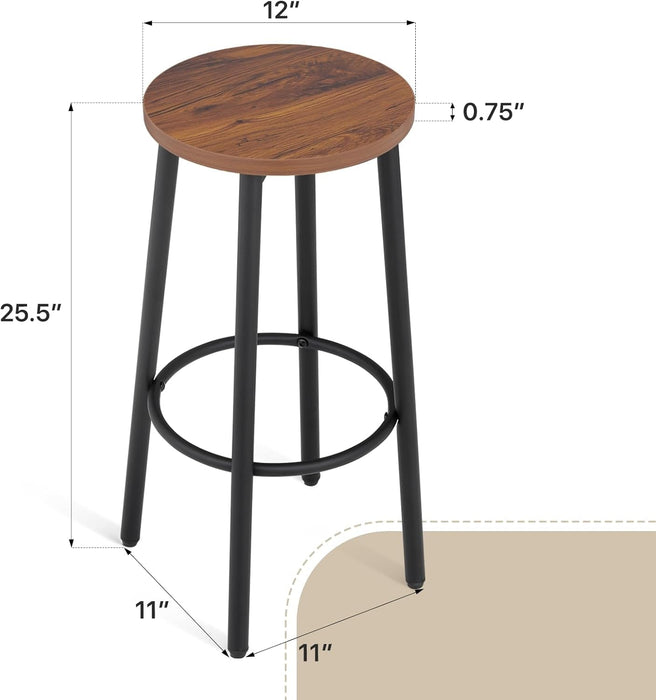Bar Stools Set of 2, 25.5 Inches round Counter Height Bar Stools Backless with Metal Legs and Footrest, Wood Barstools for Home, Kitchen Island, Counter, Brown - ShipItFurniture