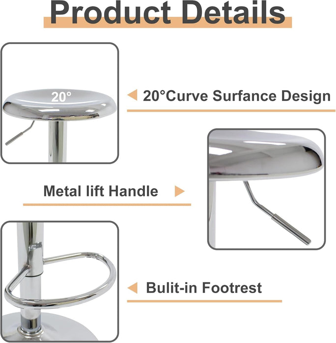 Bar Stools Set of 2, Adjustable Metal Bar Stools Swivel Counter Height Stool Backless Barstools for Kitchen Island Pub, Chrome - ShipItFurniture