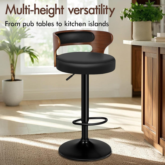 Bar Stools Set of 2, Adjustable Swivel Bar Chairs with Faux Leather Upholstery, Counter Height and Wooden Backrest for Kitchen Islands, Black & Brown - ShipItFurniture