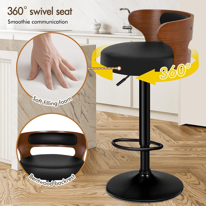 Bar Stools Set of 2, Adjustable Swivel Bar Chairs with Faux Leather Upholstery, Counter Height and Wooden Backrest for Kitchen Islands, Black & Brown - ShipItFurniture