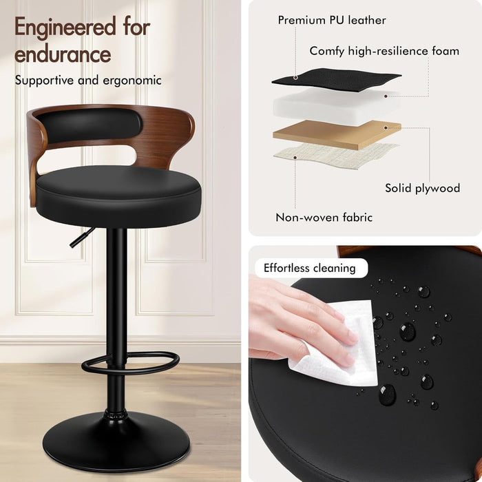 Bar Stools Set of 2, Adjustable Swivel Bar Chairs with Faux Leather Upholstery, Counter Height and Wooden Backrest for Kitchen Islands, Black & Brown - ShipItFurniture