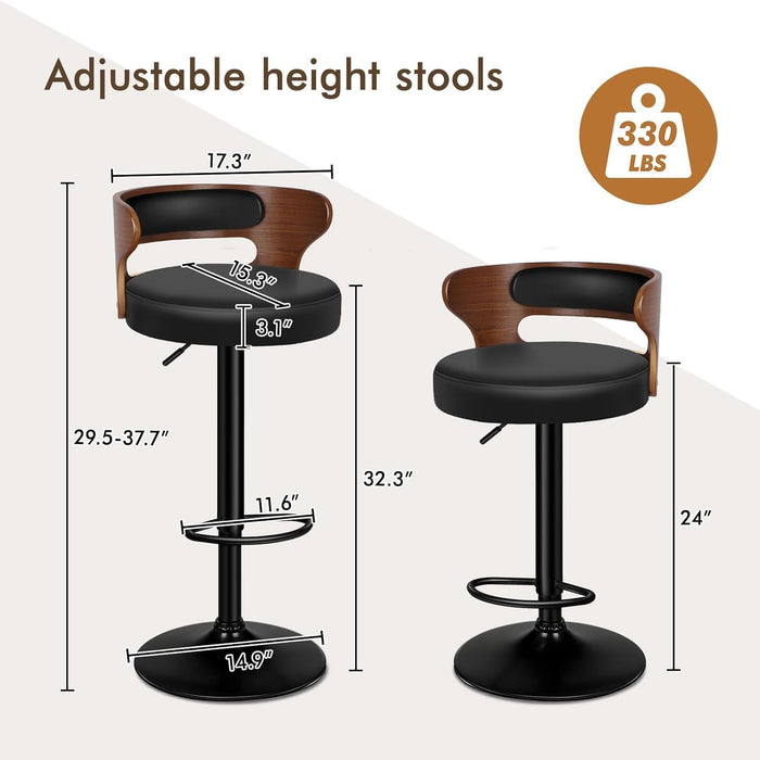 Bar Stools Set of 2, Adjustable Swivel Bar Chairs with Faux Leather Upholstery, Counter Height and Wooden Backrest for Kitchen Islands, Black & Brown - ShipItFurniture