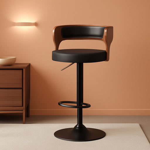 Bar Stools Set of 2, Adjustable Swivel Bar Chairs with Faux Leather Upholstery, Counter Height and Wooden Backrest for Kitchen Islands, Black & Brown - ShipItFurniture