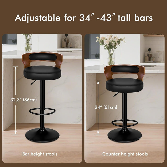 Bar Stools Set of 2, Adjustable Swivel Bar Chairs with Faux Leather Upholstery, Counter Height and Wooden Backrest for Kitchen Islands, Black & Brown - ShipItFurniture