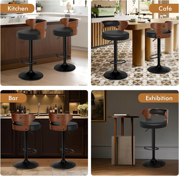 Bar Stools Set of 2, Adjustable Swivel Bar Chairs with Faux Leather Upholstery, Counter Height and Wooden Backrest for Kitchen Islands, Black & Brown - ShipItFurniture