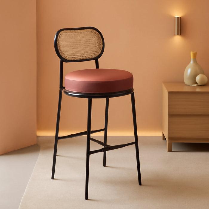 Bar Stools Set of 2, Bar Height Stools with Rattan Back and Metal Legs, 25.1 - Inch Tall Counter Chairs, Modern Leather Upholstered Barstools for Kitchen Island Dining Room, Caramel Brown - ShipItFurniture