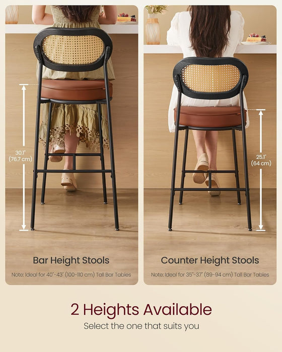 Bar Stools Set of 2, Bar Height Stools with Rattan Back and Metal Legs, 25.1 - Inch Tall Counter Chairs, Modern Leather Upholstered Barstools for Kitchen Island Dining Room, Caramel Brown - ShipItFurniture