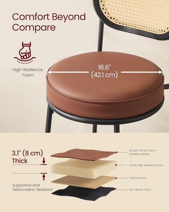 Bar Stools Set of 2, Bar Height Stools with Rattan Back and Metal Legs, 25.1 - Inch Tall Counter Chairs, Modern Leather Upholstered Barstools for Kitchen Island Dining Room, Caramel Brown - ShipItFurniture