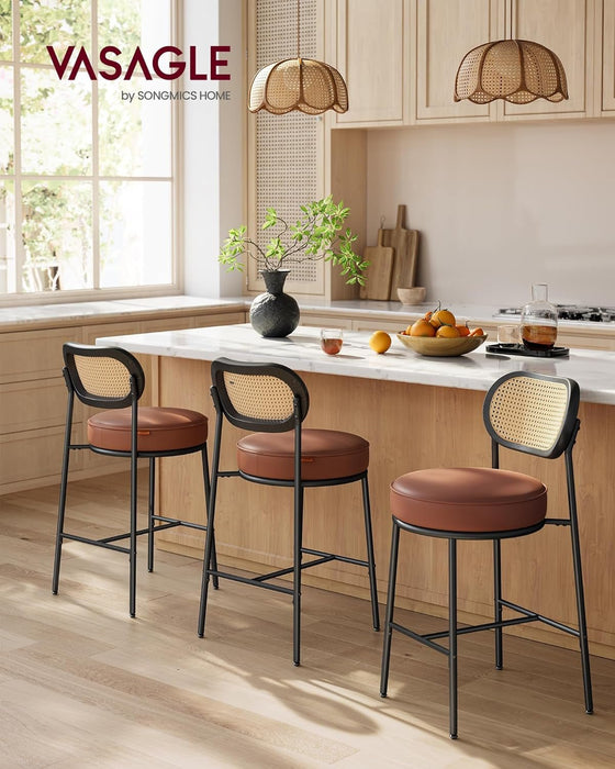 Bar Stools Set of 2, Bar Height Stools with Rattan Back and Metal Legs, 25.1 - Inch Tall Counter Chairs, Modern Leather Upholstered Barstools for Kitchen Island Dining Room, Caramel Brown - ShipItFurniture