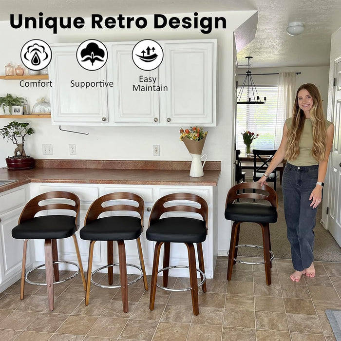 Bar Stools Set of 3, Swivel Bar Stools with Walnut Craftsmanship, Bentwood Curved Back, Upholstered Faux Leather, Soft Cushion Seat, Mid Century Barstools for Bar/Pub/Cafe (Beige, 30" Seat Height) - ShipItFurniture