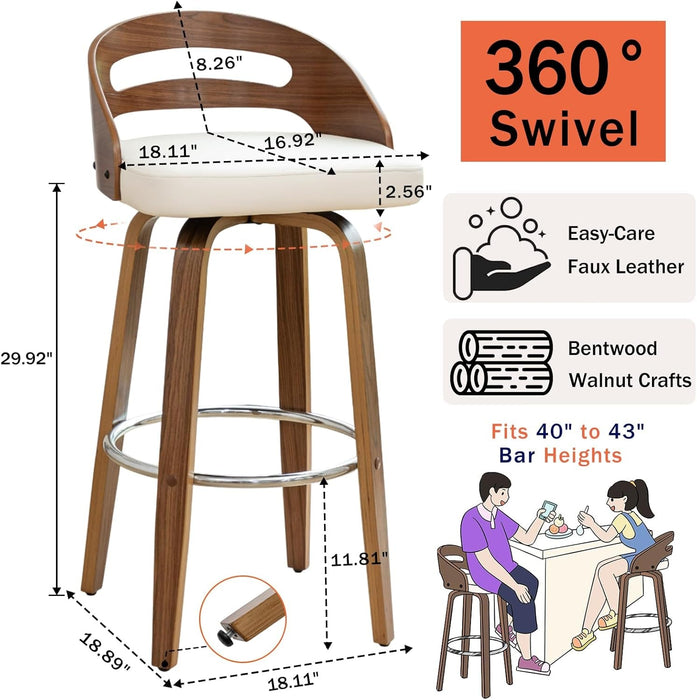 Bar Stools Set of 3, Swivel Bar Stools with Walnut Craftsmanship, Bentwood Curved Back, Upholstered Faux Leather, Soft Cushion Seat, Mid Century Barstools for Bar/Pub/Cafe (Beige, 30" Seat Height) - ShipItFurniture