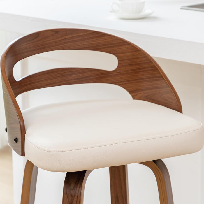 Bar Stools Set of 3, Swivel Bar Stools with Walnut Craftsmanship, Bentwood Curved Back, Upholstered Faux Leather, Soft Cushion Seat, Mid Century Barstools for Bar/Pub/Cafe (Beige, 30" Seat Height) - ShipItFurniture