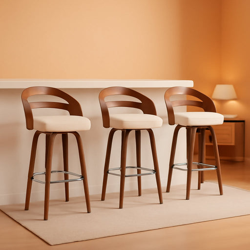 Bar Stools Set of 3, Swivel Bar Stools with Walnut Craftsmanship, Bentwood Curved Back, Upholstered Faux Leather, Soft Cushion Seat, Mid Century Barstools for Bar/Pub/Cafe (Beige, 30" Seat Height) - ShipItFurniture