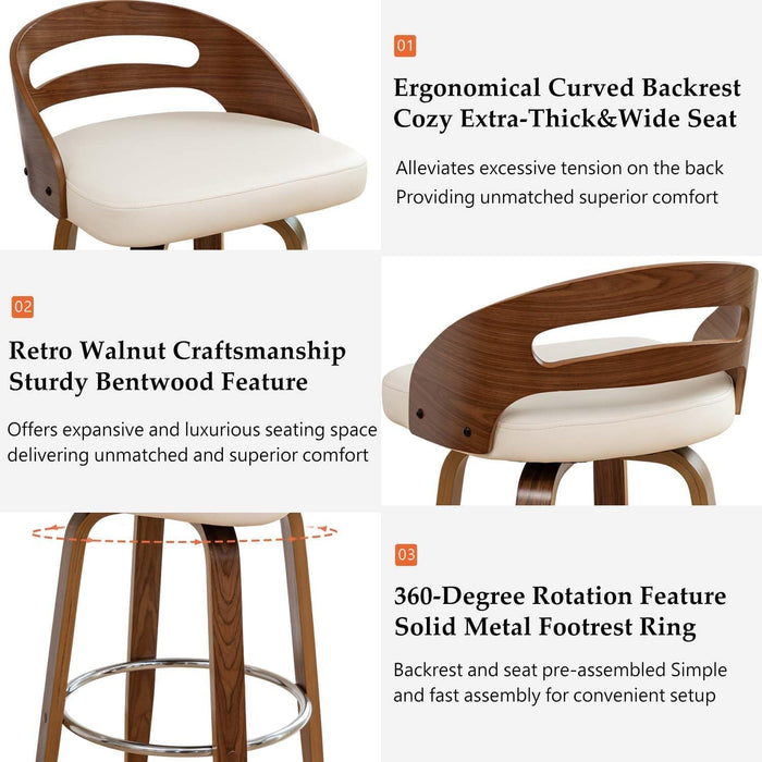 Bar Stools Set of 3, Swivel Bar Stools with Walnut Craftsmanship, Bentwood Curved Back, Upholstered Faux Leather, Soft Cushion Seat, Mid Century Barstools for Bar/Pub/Cafe (Beige, 30" Seat Height) - ShipItFurniture