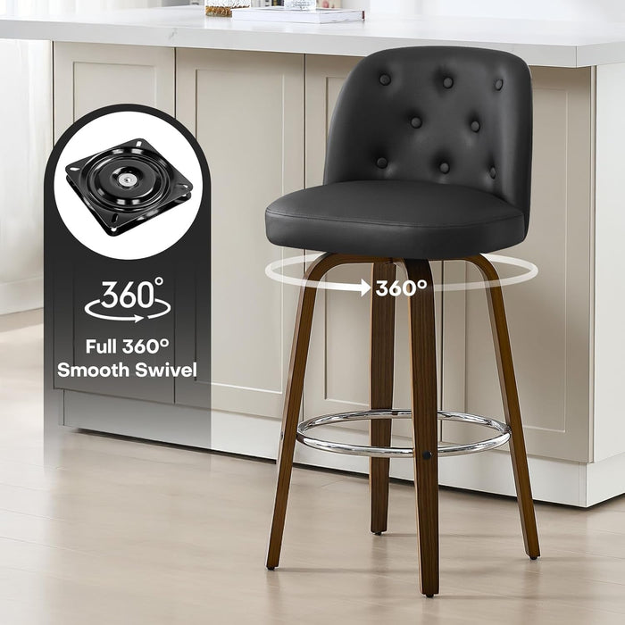 Bar Stools Set of 4, 26" Counter Height Swivel Bar Stools with Back,Walnut Bentwood Legs, Faux Leather Upholstered Counter Stools, Modern Counter Chairs Bar Stool for Kitchen Island, Black - ShipItFurniture