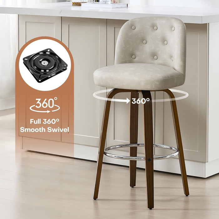 Bar Stools Set of 4, 26" Counter Height Swivel Bar Stools with Back,Walnut Bentwood Legs, Faux Leather Upholstered Counter Stools, Modern Counter Chairs Bar Stool for Kitchen Island, Griege - ShipItFurniture