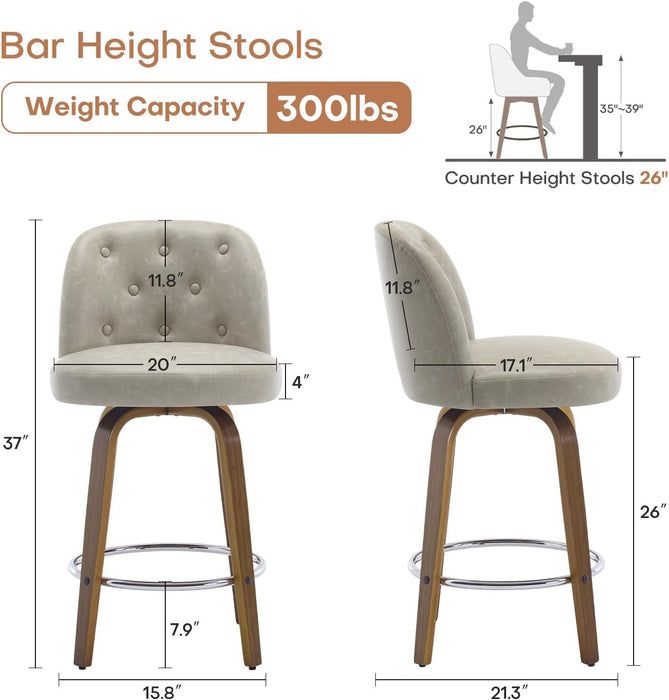 Bar Stools Set of 4, 26" Counter Height Swivel Bar Stools with Back,Walnut Bentwood Legs, Faux Leather Upholstered Counter Stools, Modern Counter Chairs Bar Stool for Kitchen Island, Griege - ShipItFurniture