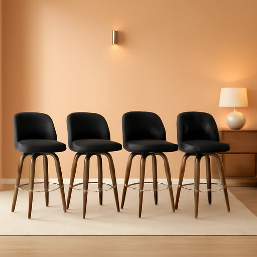 Bar Stools Set of 4, 26" Counter Height Swivel Bar Stools with Back,Walnut Bentwood Legs, Faux Leather Upholstered Counter Stools, Modern Counter Chairs Bar Stool for Kitchen Island, Black - ShipItFurniture