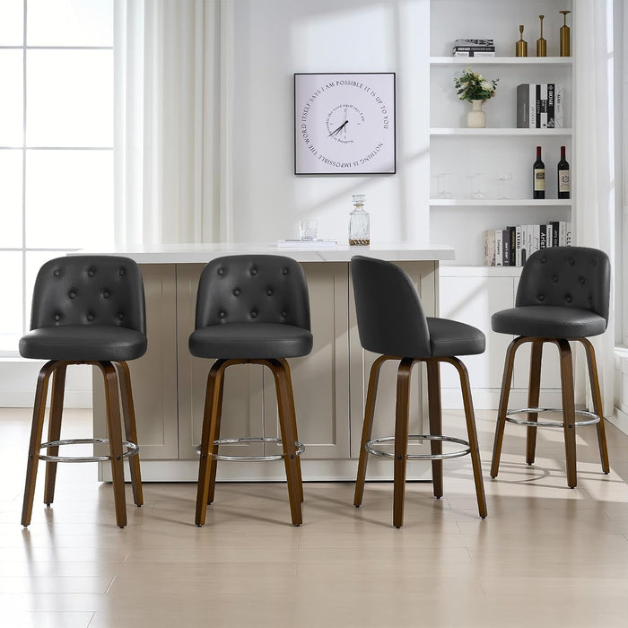Bar Stools Set of 4, 26" Counter Height Swivel Bar Stools with Back,Walnut Bentwood Legs, Faux Leather Upholstered Counter Stools, Modern Counter Chairs Bar Stool for Kitchen Island, Black - ShipItFurniture