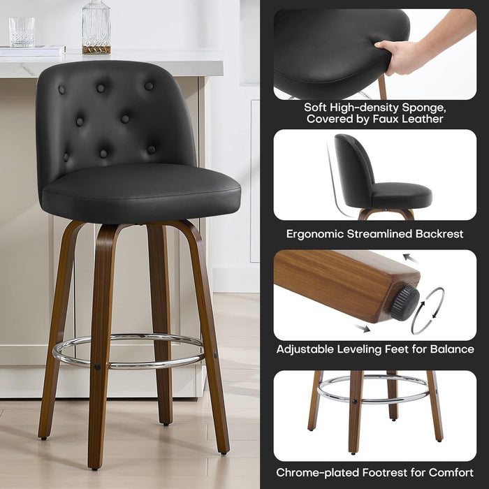 Bar Stools Set of 4, 26" Counter Height Swivel Bar Stools with Back,Walnut Bentwood Legs, Faux Leather Upholstered Counter Stools, Modern Counter Chairs Bar Stool for Kitchen Island, Black - ShipItFurniture