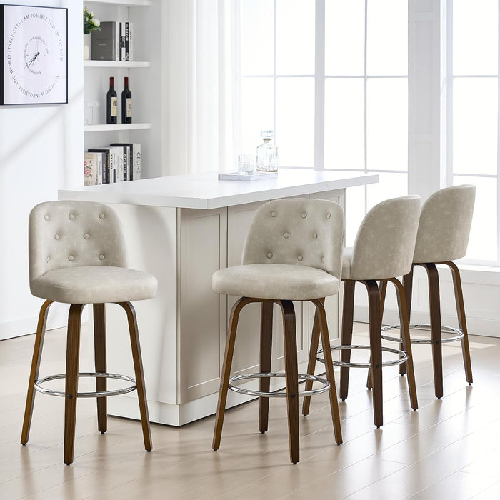 Bar Stools Set of 4, 26" Counter Height Swivel Bar Stools with Back,Walnut Bentwood Legs, Faux Leather Upholstered Counter Stools, Modern Counter Chairs Bar Stool for Kitchen Island, Griege - ShipItFurniture