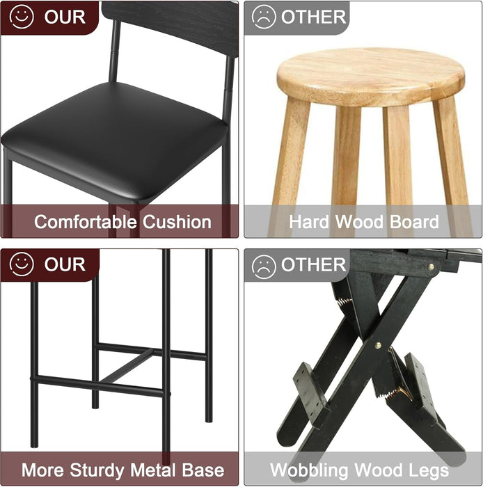 Bar Stools Set of 4, Kitchen Bar Stools with Footrest, 25.5 Inches Upholstered Barstools with Back, 4 Counter Height Bar Chairs for Counter Bar, Island, Easy Assembly, Rustic Black - ShipItFurniture