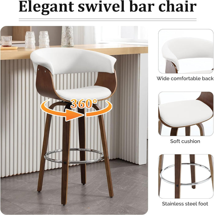 Bar Stools, Swivel Bar Stools with Walnut Bentwood Legs, 29 Inch Bar Height, Upholstered PU Leather Barstools with Backs, Mid - Century Kitchen Island Dining Bar Stool Chairs, White - ShipItFurniture