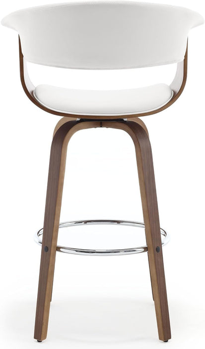 Bar Stools, Swivel Bar Stools with Walnut Bentwood Legs, 29 Inch Bar Height, Upholstered PU Leather Barstools with Backs, Mid - Century Kitchen Island Dining Bar Stool Chairs, White - ShipItFurniture