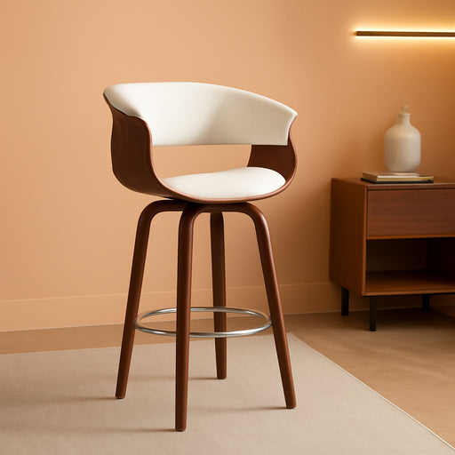 Bar Stools, Swivel Bar Stools with Walnut Bentwood Legs, 29 Inch Bar Height, Upholstered PU Leather Barstools with Backs, Mid - Century Kitchen Island Dining Bar Stool Chairs, White - ShipItFurniture