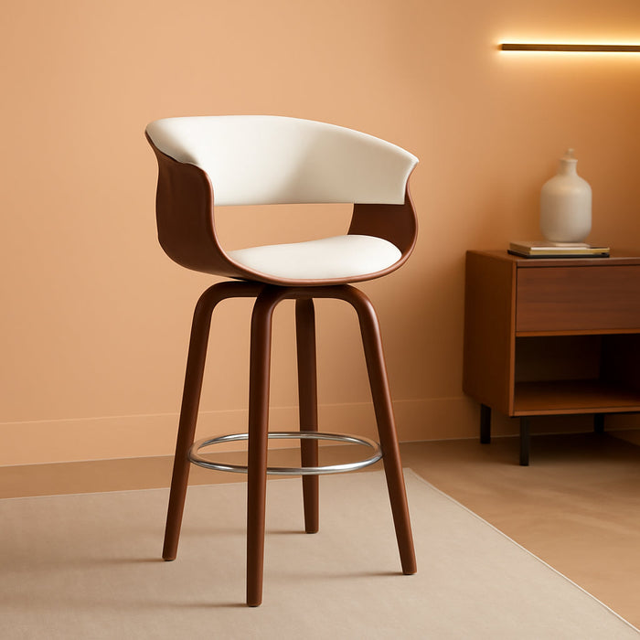 Bar Stools, Swivel Bar Stools with Walnut Bentwood Legs, 29 Inch Bar Height, Upholstered PU Leather Barstools with Backs, Mid - Century Kitchen Island Dining Bar Stool Chairs, White - ShipItFurniture
