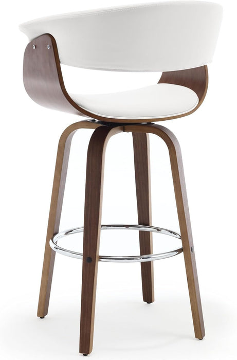 Bar Stools, Swivel Bar Stools with Walnut Bentwood Legs, 29 Inch Bar Height, Upholstered PU Leather Barstools with Backs, Mid - Century Kitchen Island Dining Bar Stool Chairs, White - ShipItFurniture