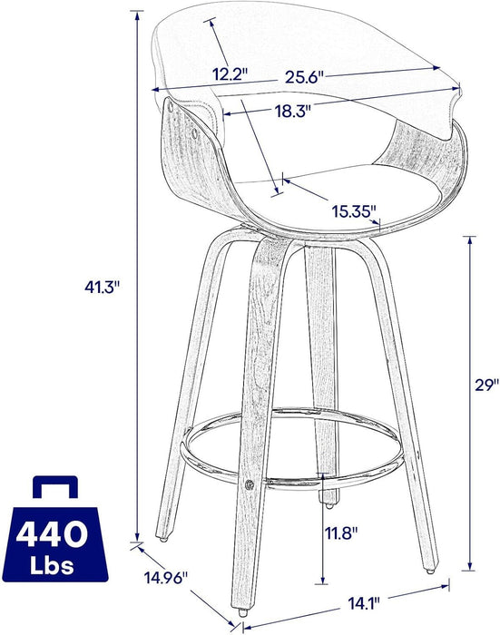 Bar Stools, Swivel Bar Stools with Walnut Bentwood Legs, 29 Inch Bar Height, Upholstered PU Leather Barstools with Backs, Mid - Century Kitchen Island Dining Bar Stool Chairs, White - ShipItFurniture