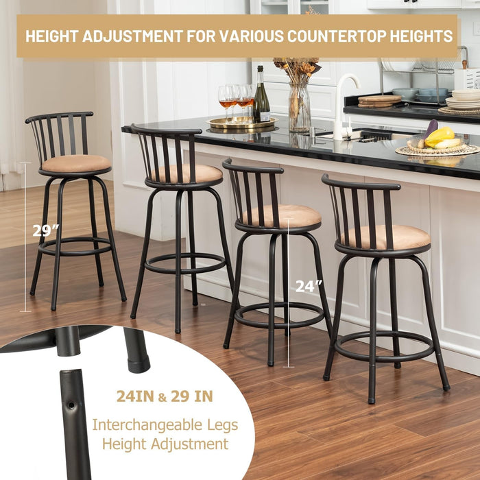 Bar Stools Swivel Set of 3, Barstools Adjustable Counter Height Low Back with Comfortable Footrest, Armless Bar Chairs for Kitchen Island Bar Height with Interchangeable Legs, 24/29 Inch, Brown - ShipItFurniture