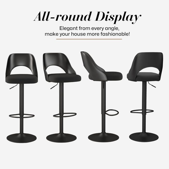 Barstools Set of 3, Height Adjustable Swivel Counter Bar Stool with Hollowed - Out PP Back, Upholstered Chair with Black Metal Base Footrest, Black Seat - ShipItFurniture