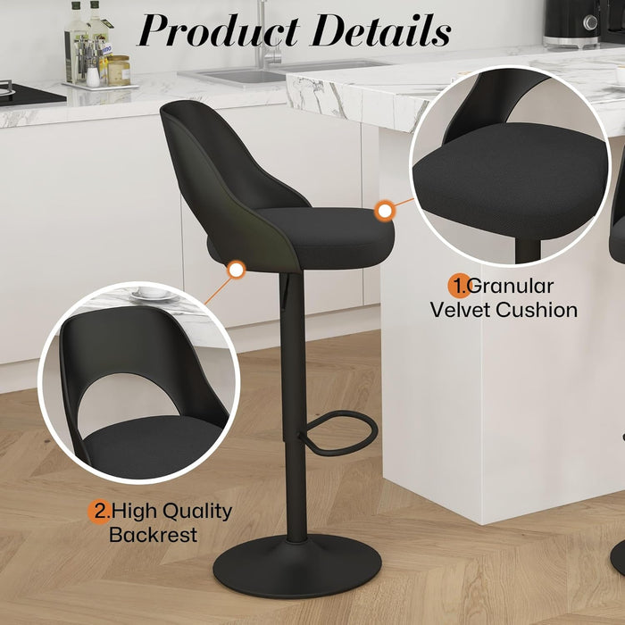 Barstools Set of 3, Height Adjustable Swivel Counter Bar Stool with Hollowed - Out PP Back, Upholstered Chair with Black Metal Base Footrest, Black Seat - ShipItFurniture